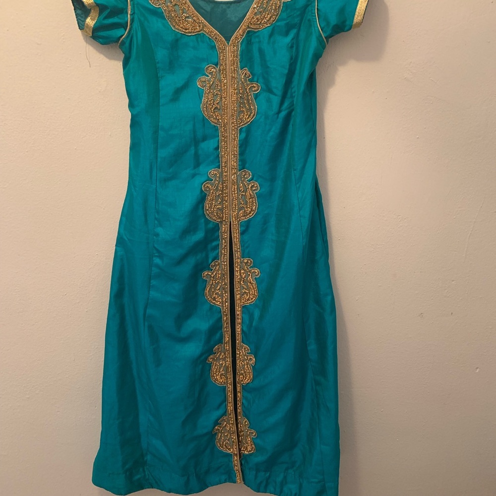 Traditional Teal blue with Golden  Indian Dress